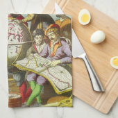 ヴィンテージ探検家とアンティークグローブマップ， 1542 キッチンタオル (四つ折り)