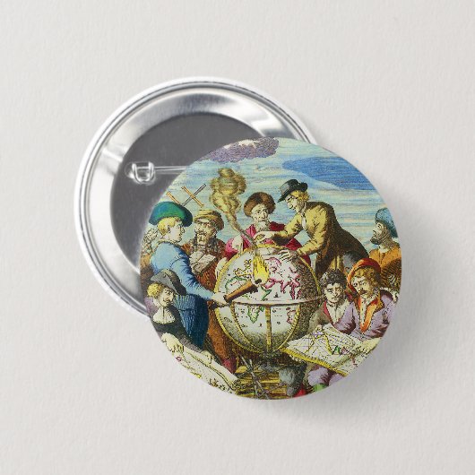 ヴィンテージ探検家とアンティークグローブマップ, 1542 缶バッジ (正面&裏面)