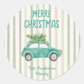 ヴィンテージ描カー予測できなツリーメリークリスマス ラウンドシール (正面)