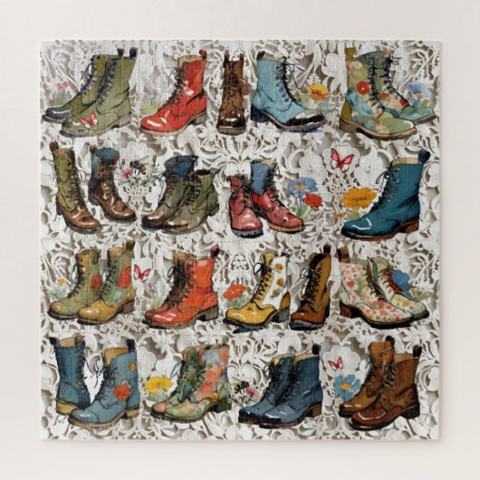 ヴィンテージ擦り切れたインの古いブーツフローラとレース ジグソーパズル (縦)
