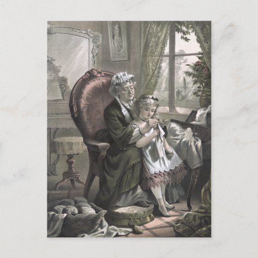 ヴィンテージ教え・おばあちゃんの孫娘へのキッティング ポストカード (正面)