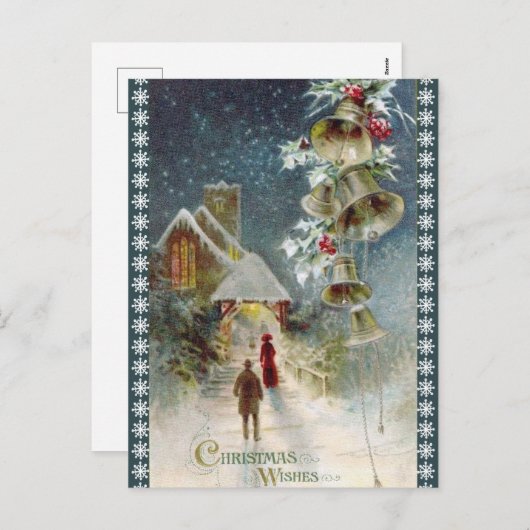 ヴィンテージ教会とベルのクリスマス シーズンポストカード (正面/裏面)
