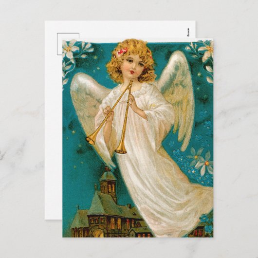 ヴィンテージ教会と天使のクリスマスポストカード シーズンポストカード (正面/裏面)