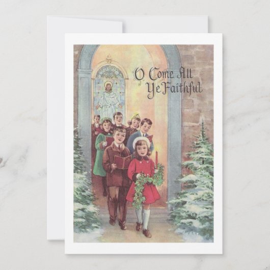 ヴィンテージ教会の冬のクリスマスの子供 シーズンカード (正面)