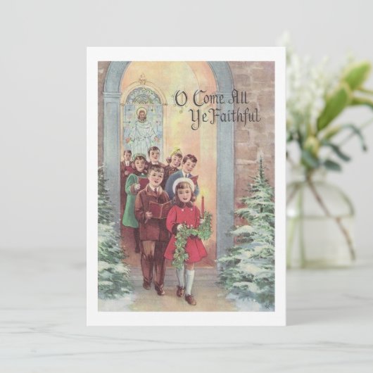 ヴィンテージ教会の冬のクリスマスの子供 シーズンカード (スタンド正面)