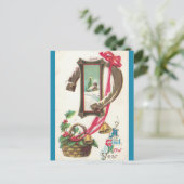 ヴィンテージ教会ホリー蹄鉄とベル新年 ポストカード (スタンド正面)