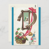 ヴィンテージ教会ホリー蹄鉄とベル新年 ポストカード (正面/裏面)