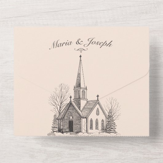 ヴィンテージ教会ミニマル結婚リスト オールインワン招待状 (裏面)