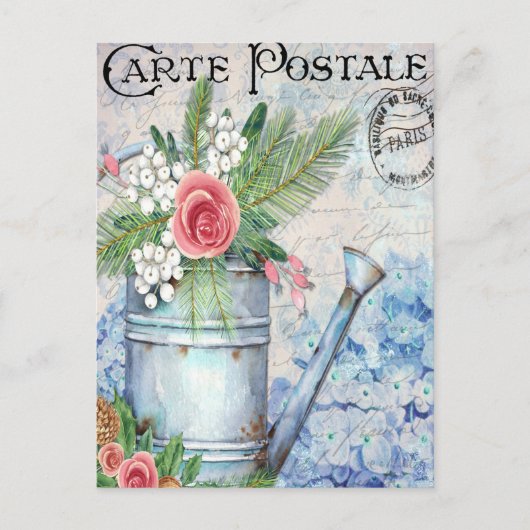 ヴィンテージ散水缶いっぱいの花フローラ ポストカード (正面)