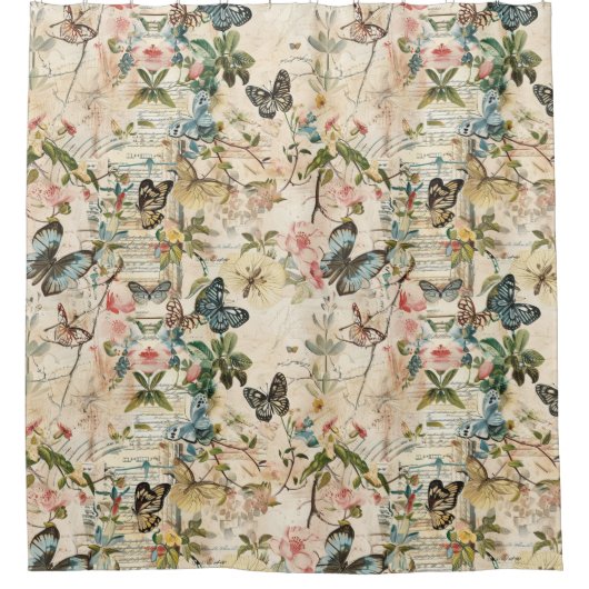 ヴィンテージ数々の蝶と花 シャワーカーテン (正面)