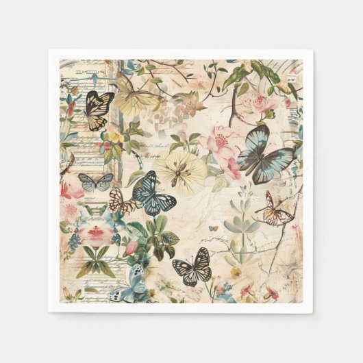 ヴィンテージ数々の蝶と花 スタンダードカクテルナプキン (正面)