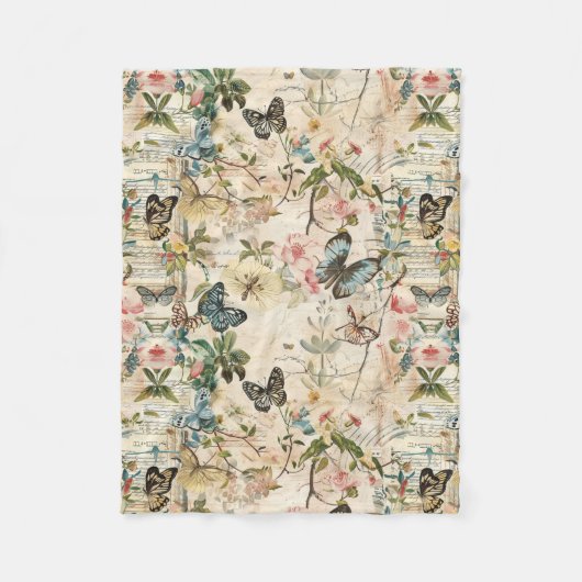 ヴィンテージ数々の蝶と花 フリースブランケット (正面)