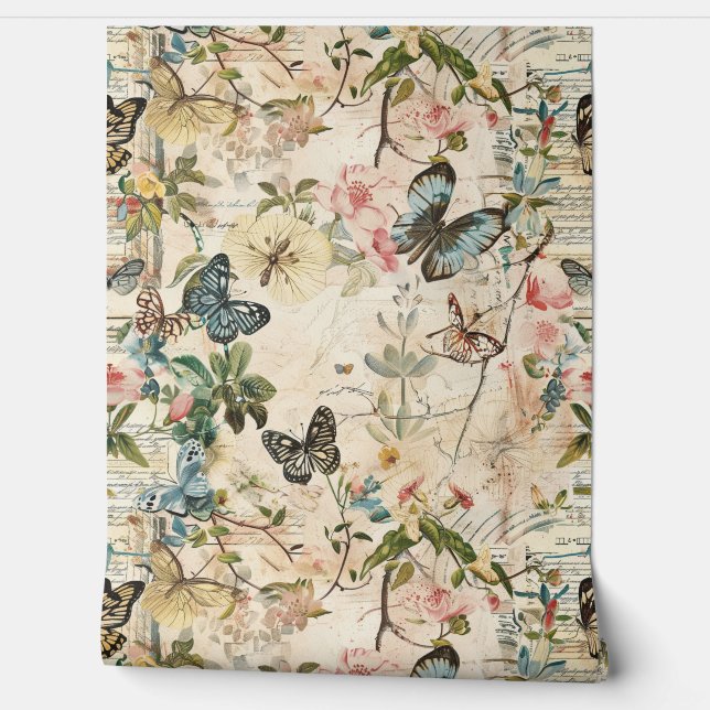 ヴィンテージ数々の蝶と花 壁紙 (ほどく)