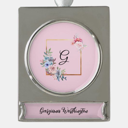 ヴィンテージ数々の黄金色の花モノグラム文字 シルバープレートバナーオーナメント (正面)