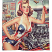 ヴィンテージ整備士のピンアップ シャワーカーテン (正面)