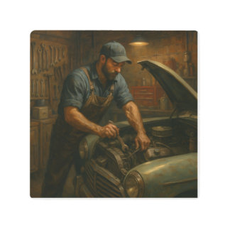 ヴィンテージ整備士アットワーク – Gritty Garage油絵を描 メタルプリント
