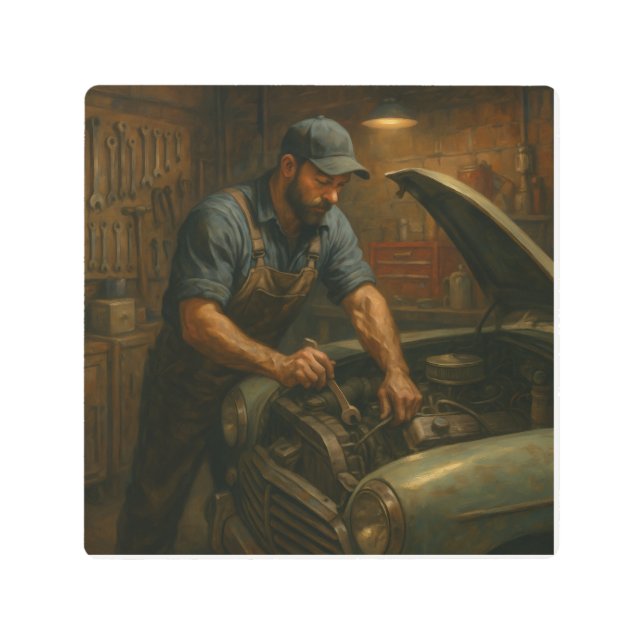 ヴィンテージ整備士アットワーク – Gritty Garage油絵を描 メタルプリント (正面)