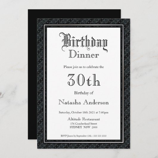 ヴィンテージ文字ブラック&ホワイト30thバースデーディナー 招待状 (正面/裏面)