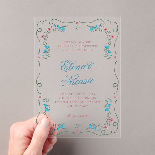 ヴィンテージ新しいボタニカルフレームピンクブルー結婚ズ アクリル招待状 (インサイチュ (ポータブル))