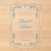 ヴィンテージ新しいボタニカルフレームピンクブルー結婚ズ アクリル招待状 (正面)