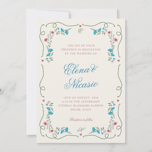 ヴィンテージ新しいボタニカルフレームピンクブルー結婚ズ 招待状 (正面)