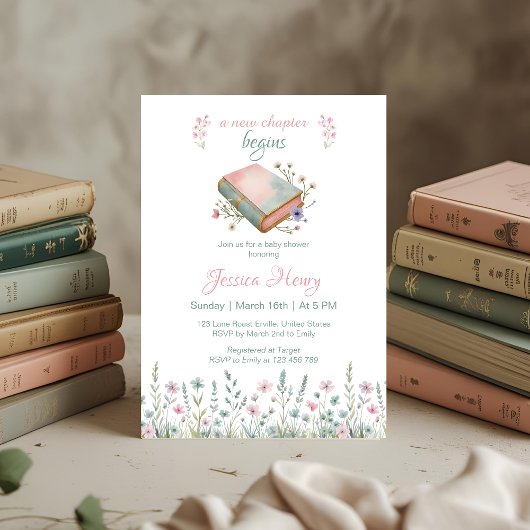 ヴィンテージ新しい章が始まるワイルドフラワー赤ちゃんシャワー 招待状