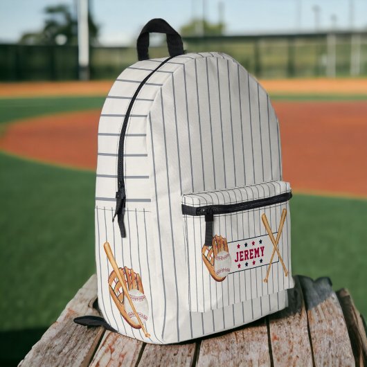 ヴィンテージ新人ベースボールレッドブルーストライプグレー プリントバックパック