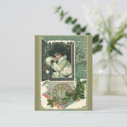 ヴィンテージ新年のあいさつ、ウビクトリアンィンドガール シーズンポストカード (スタンド正面)