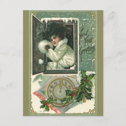 ヴィンテージ新年のあいさつ、ウビクトリアンィンドガール シーズンポストカード (正面)