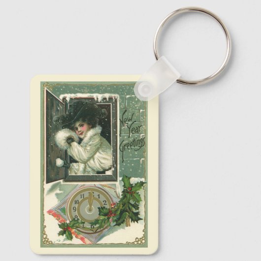 ヴィンテージ新年のあいさつ、女ビクトリアンの子ウィンドウ キーホルダー (裏面)