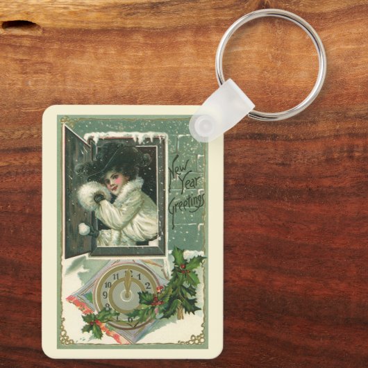 ヴィンテージ新年のあいさつ、女ビクトリアンの子ウィンドウ キーホルダー (裏面)