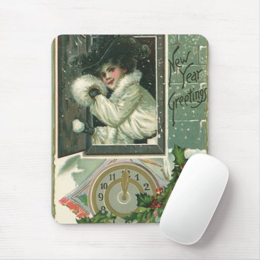 ヴィンテージ新年のあいさつ、女ビクトリアンの子ウィンドウ マウスパッド (マウス)