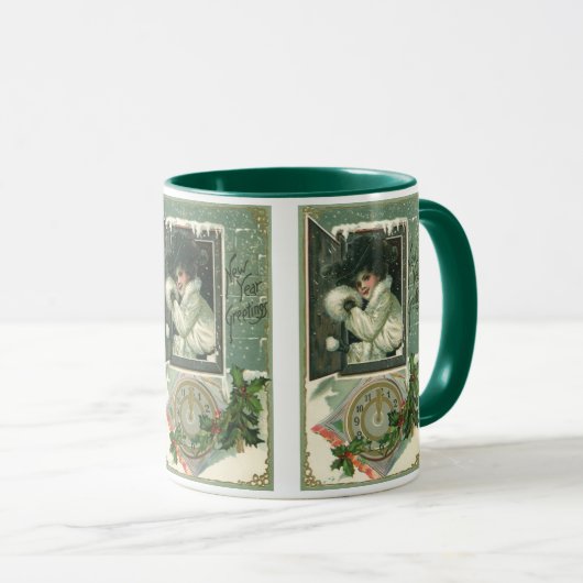 ヴィンテージ新年のあいさつ、女ビクトリアンの子ウィンドウ マグカップ (正面右)