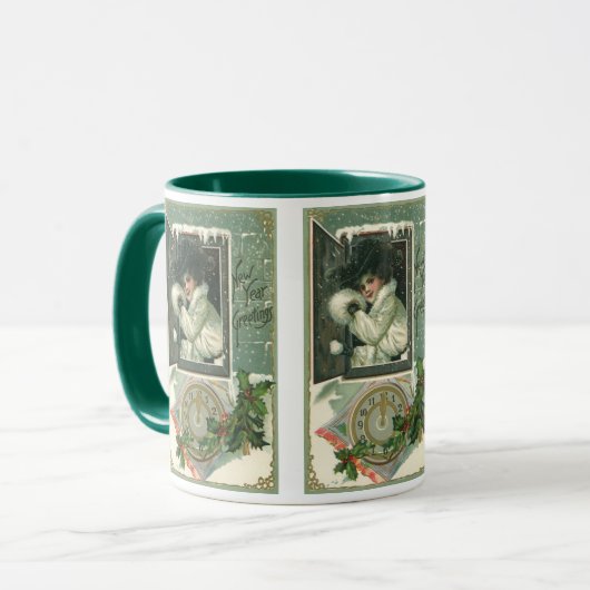 ヴィンテージ新年のあいさつ、女ビクトリアンの子ウィンドウ マグカップ (正面左)