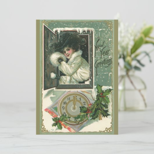 ヴィンテージ新年のあいさつ、女ビクトリアンの子ウィンドウ 招待状 (スタンド正面)