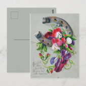 ヴィンテージ新年の日Horseshoe and flowers ポストカード (正面/裏面)