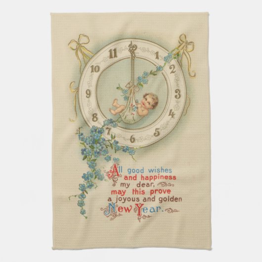 ヴィンテージ新年ベビー時計 キッチンタオル (縦)