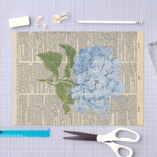 ヴィンテージ新聞と青い花の切り離 薄葉紙 (クラフト)