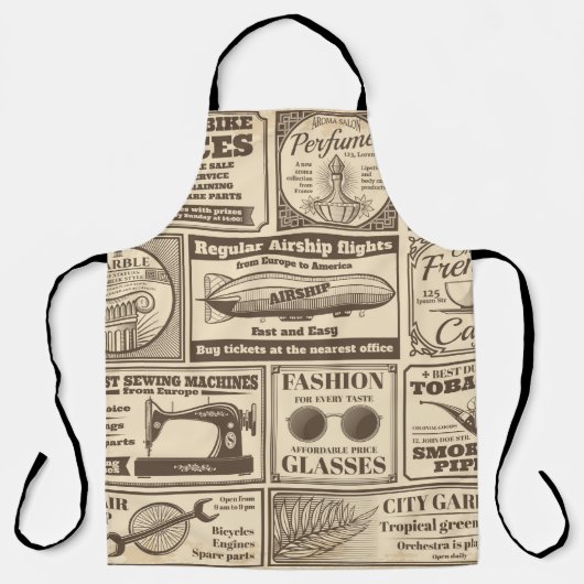 ヴィンテージ新聞のバナー広告とラベルv エプロン (正面)