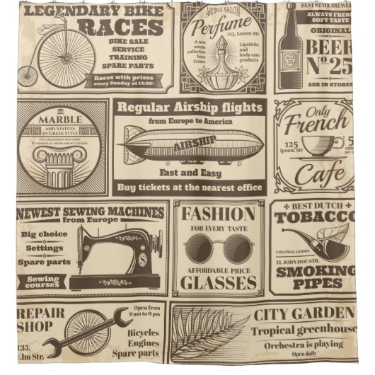 ヴィンテージ新聞のバナー広告とラベルv シャワーカーテン (正面)