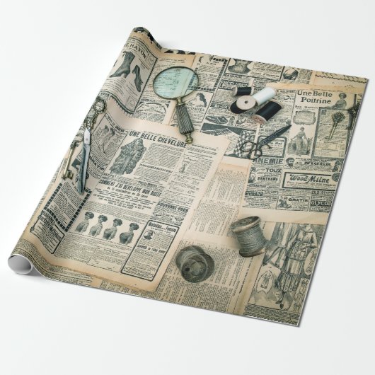 ヴィンテージ新聞のページと裁縫アクセサリー ラッピングペーパー (アンロールド)