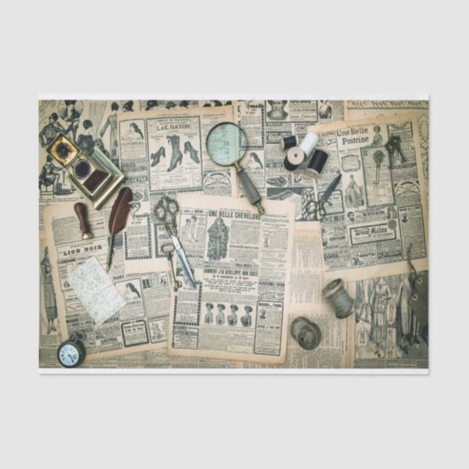 ヴィンテージ新聞のページと裁縫アクセサリー 薄葉紙 (正面)