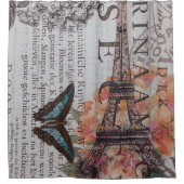 ヴィンテージ新聞の台本パリエッフェルタワー シャワーカーテン (正面)