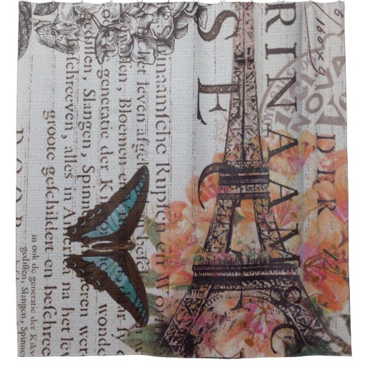 ヴィンテージ新聞の台本パリエッフェルタワー シャワーカーテン (正面)