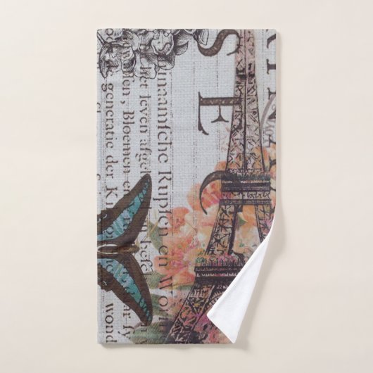 ヴィンテージ新聞の台本パリエッフェルタワー バスタオルセット (ハンドタオル)