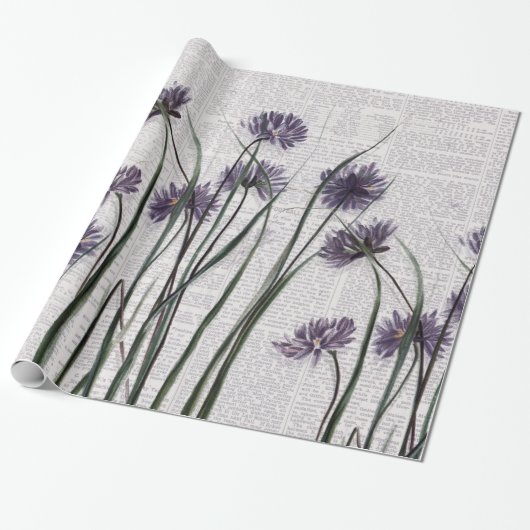 ヴィンテージ新聞の紫色の野生の花 ラッピングペーパー (アンロールド)