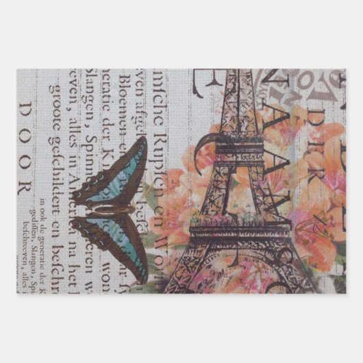 ヴィンテージ新聞の脚本パリエッフェルタワー ラッピングペーパーシート (正面3)