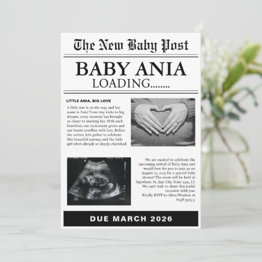 ヴィンテージ新聞の赤ちゃんシャワー招待状 招待状 (スタンド正面)