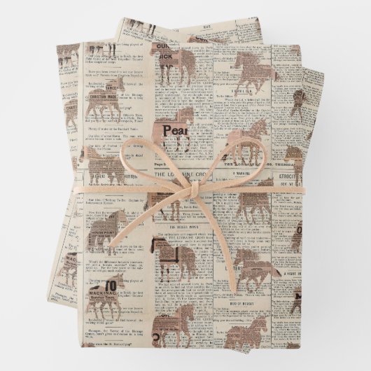 ヴィンテージ新聞の馬のコラージュ ラッピングペーパーシート (インサイチュ)