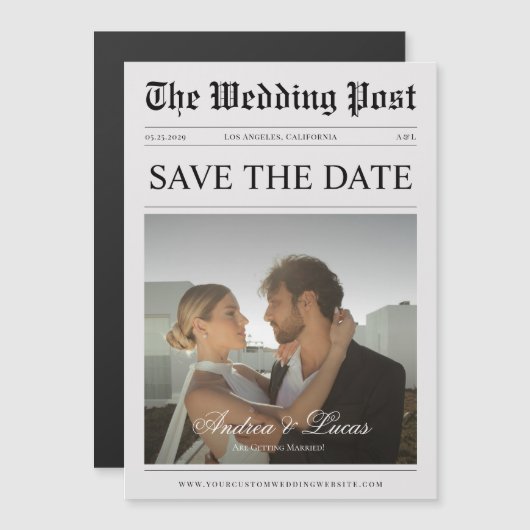 ヴィンテージ新聞カスタムの写真の日付を保存 マグネット招待状 (正面/裏面)